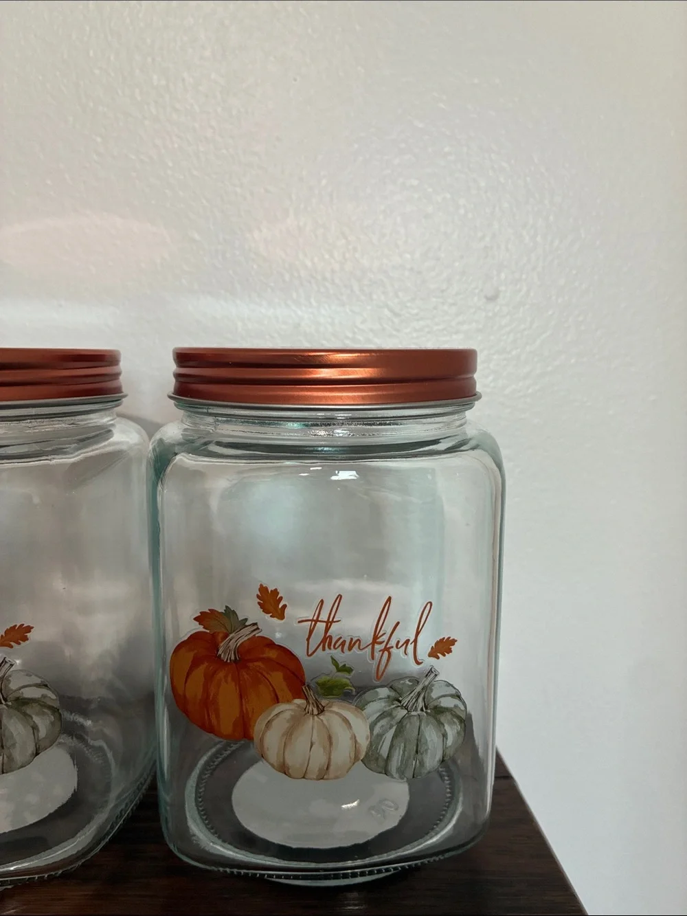 NWT- Set of 3- THANKFUL- Pumpkin Trio Harvest Glass Jars w/ Screw On Copper Lid